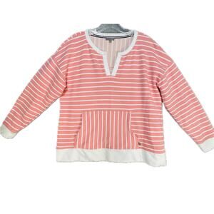 T by Talbots Pullover Split Neck Striped Kangaroo Pocket Top Women Lp Pink White